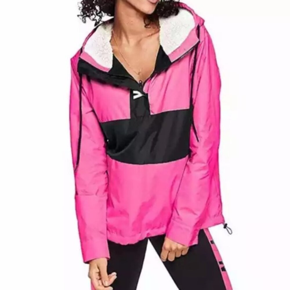 Victoria Secret Pink Sherpa Hood Anorak 1/2 Zip Logo Spellout Windbreaker XS